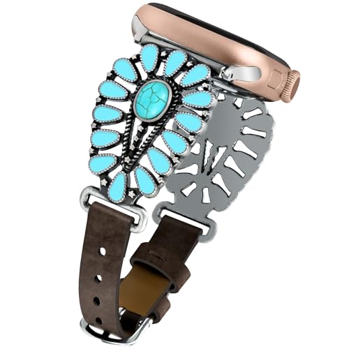 JR.DM Leather Band Compatible with Apple Watch Women 38/40/41/42/44/45/46/49mm Western Designer Boho Turquoise Retro Tribal Classic Straps for iWatch Series 11 10 9 8 7 6 5 4 3 2 1 SE Ultra Brown