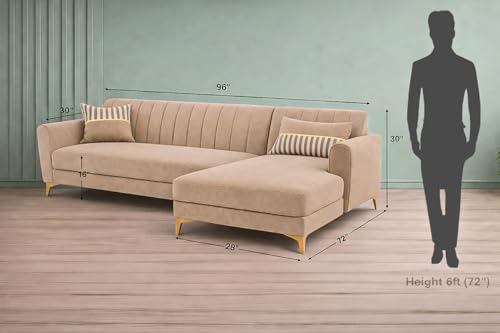 Image of Adorn India Premium Luster 6 Seater L Shape Sofa Set | Velvet Suede Fabric | 3-Year Warranty | RHS |Color Beige with Golden Legs & Striped Pattern Cushion