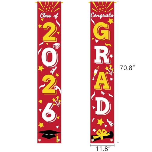 Image of Graduation Porch Banner Class Sign Congrats Grad Hanging Flags High School College University Party Decoration For Front Door Outdoor Red Gold