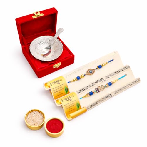 Image of Jaipur Ace Rakhi Gift Hamper for Bhaiya Bhabhi with Silver Plated Bowl Set, Pooja Thali, 2 Designer Rakhis, Roli Chawal, Raksha Bandhan Gift Set for Brother Bhabhi, Premium Rakhi Combo with Red Velvet Box