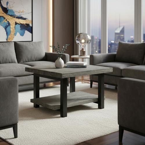 Image of Pomona 27-Inch Square Solid Wood Coffee Table with Metal Legs - Modern Rustic Industrial Small Space Table by Alaterre Furniture (Slate Grey)