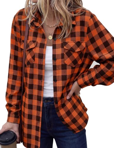 Zeagoo Womens Flannel Shirts Long/Roll Up Sleeve Collared Button Down Plaid Shirt Casual Work Tops Orange Black