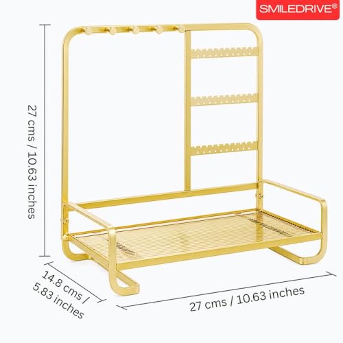 Image of SMILEDRIVE Premium Metal Jewelry Stand Organizer, Gold | Sleek Tabletop Holder, For Necklaces, For Earrings, For Rings & Bracelets