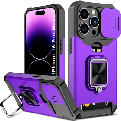 Image of LuxuryKase Shockproof Armor Case for iPhone 16 Pro Max | Slide Camera Cover | Hidden Card Slot | Rotating Ring Kickstand | Magnetic Car Mount Support | Military Grade Protection - Purple