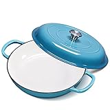 Enamel Cast Iron Casserole Dish with Lid --CSK Cast Iron Braiser Pan with Porcelain Coating, 4 QT Enameled Cast Iron, Steel Knob Cover & Double Loop Handles, Cast Iron Casserole Dish, Card Blue.