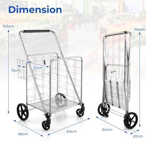 Robuster faltbarer Einkaufswagen mit Rädern, Metall-Einkaufswagen, extra Korb, Schaumstoffgriff, Mehrzweck-Schiebe/Ziehwagen für Wäsche, Supermarkt, Reisen – Schwarz/Silber