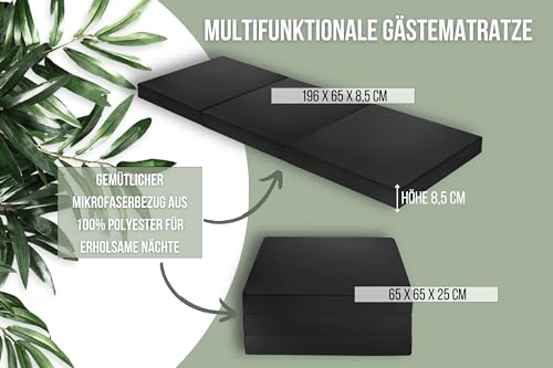 Badenia Trendline faltbare Gästematratze mit strapazierfähigem Microfaser Bezug, Öko-Tex zertifiziert 196 x 65 x 8,5 cm Liegefläche , schwarz, produziert nach deutschem Qualitätsstandard