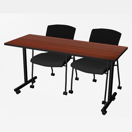 Romig Axis-Pro 60 x 24 in. Mobile T-Base Training Seminar Table- Mahogany, 2 Knight Mesh Chairs