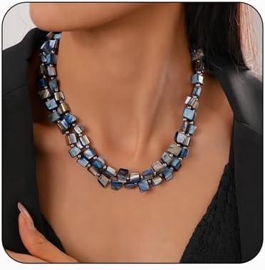 Colorful Beaded Necklaces for Women Boho Layered Turquoise Stone Choker Vintage Geometric Irregular Beaded Necklaces Handmade Statement Necklace Lightweight Hypoallergenic Jewelry Birthday Party Holiday Jewelry