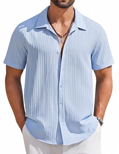 COOFANDY Men's Casual Button Down Shirts Short Sleeve Textured Linen Summer Beach Shirt Light Blue