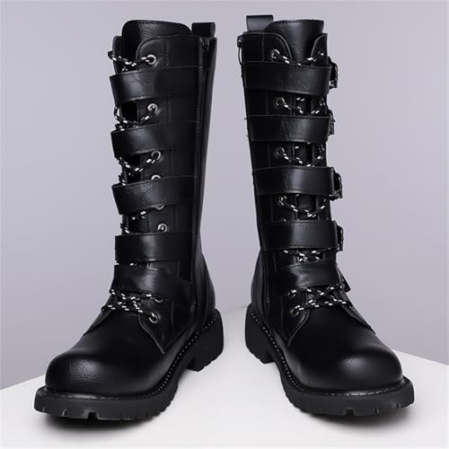 Men's Black Leather Lace Up Multiple Fasciculi Knee High Motorcycle Boots with Side Zipper Round Toe Bike Riding Punk Rock Y2K Cowboy Western Tactical Army Boot2