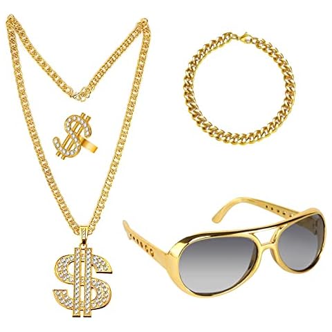 4Pcs Hip Hop Costume Kit, 80s 90s Dollar Sign Necklace Sunglasses Bracelet Rings Hip Hop Costume Set for Women Men Rapper Fancy Dress Carnival Accessories Cover