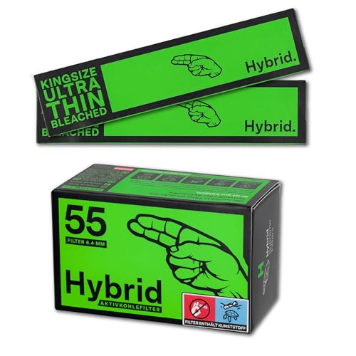 Hybrid Aktivkohlefilter Slim (55 Stk, Ø 6,4 mm) + 2x Kingsize Papers je 32 Blatt - Hybridfilter aus Zellstoff & Kokos-Aktivkohle für sanften Rauchgenuss