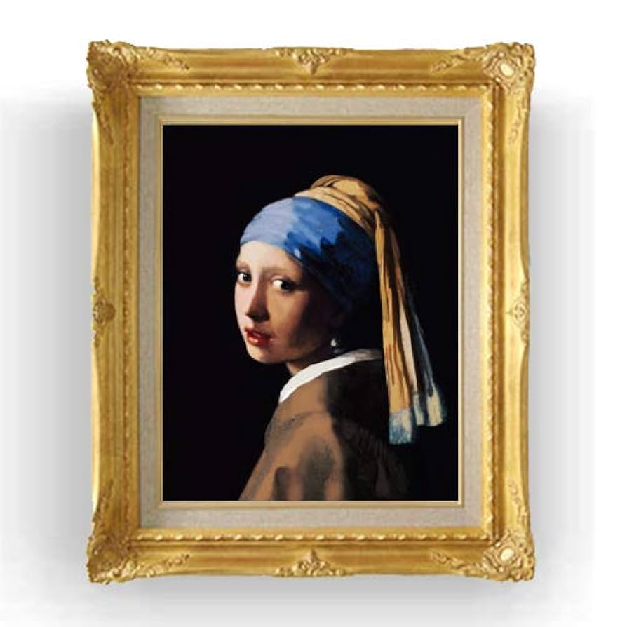 フェルメール　油彩　肉筆『真珠の耳飾り』サイン　画廊シール　F6号　額　b636 フェルメール 油彩 肉筆『真珠の耳飾り』サイン 画廊シール F6号