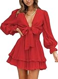 Dokotoo Womens Casual Spring Summer Sexy V Neck Ruffle Elegant Long Sleeve Empire Waist Tie Knot Cute Chiffon Boho Beach Tunic Swing A Line Flowy Mini Short Skater Dresses for Women 2024 Red M