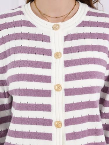 Image of Hobemty Women's Striped Knit Cardigan Long Sleeve Button Down 2025 Spring Fall Ribbed Sweater Top