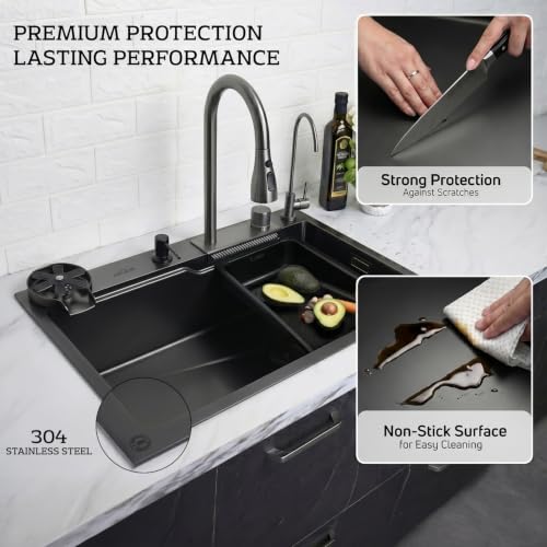 Image of ARQUIN Kitchen Sink 24 inchx18 inchx9 inchInch Waterfall Kitchen Sink Original 304 Grade Stainless Steel ANTI SCRATCH Black Matt Finish DESIGN Integrated Pull-down Faucet with Cup washer & Drain Baskets
