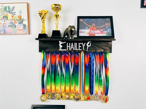 Image of Personalized Medal Holder And Trophy Shelf With 3D Name,Custom Wooden Medal Hanger Display For Awards or Ribbons,Trophy Display Shelf,Medals Awards Rack For Wall