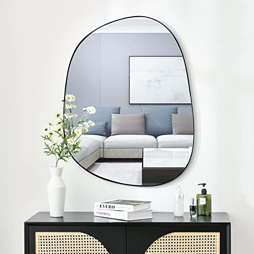 Asymmetrical Wall Mirror For Decor 27"*35", Modern Black Framed Wall Mirror For Living Room Bathroom Bedroom Entryway Ele-Stou-0063B #TOP24