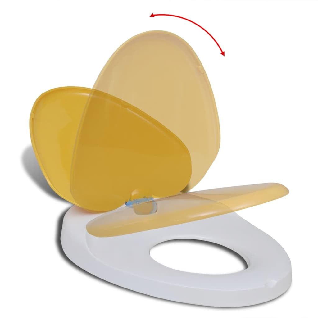 Sedile WC con abbassamento automatico, bianco e giallo, in plastica polipropilene, 48,5 x 36,5 cm, cerniere regolabili da 130 a 160 mm, per adulti e bambini