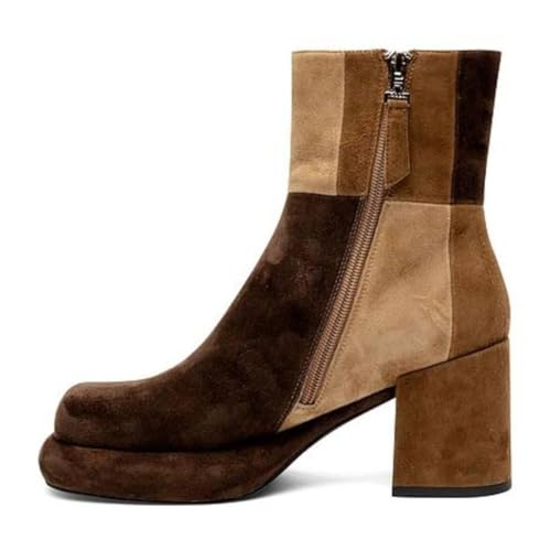 Pazzion Women Platform Closed Round Toe Ankle Booties Side Zippers Mid Block Heels Patchwork Short Boots Formal Working Office Shoes Size 4-16 US3