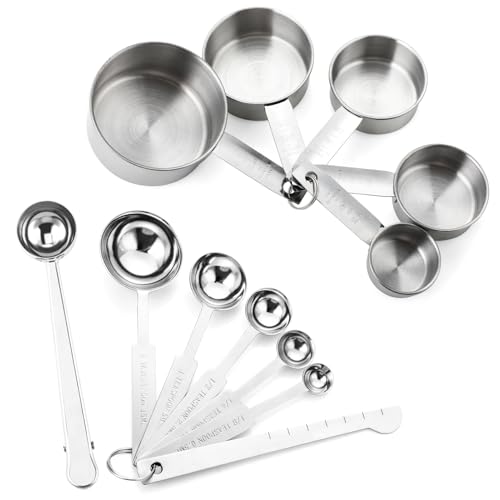 Edelstahl Messbecher und Löffel mit Meßlineal, Küche Set von 12，1 Scoop mit Clip,1 Messlineal (Richtmaschine) ，5 Messbecher ，5 schmalgenaue Messlöffel,Für Trockene und Flüssige Zutaten