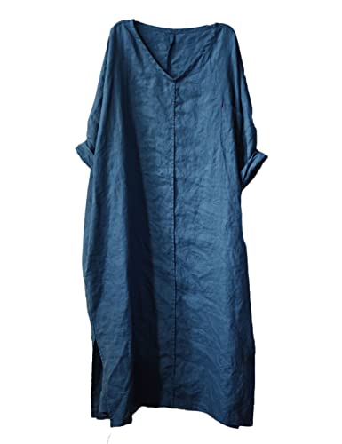 NFYM Women's Handmade Linen Tunic Dress Round Neck Loose Straight Midi Long Dresses with Pockets (as1, Alpha, one_Size, Regular, Regular, Lake Blue)