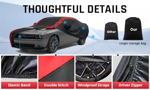 Image of Challenger Car Cover Waterproof All Weather with Red Strip Design, Custom Fit for Dodge Challenger 2008-2026 SXT GT R /T Scat Pack SRT Hellcat, Challenger Accessory with Door Zipper & Windproof Straps