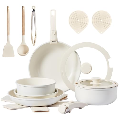 Bonnlo 19 Pcs Nonstick Pots and Pans Set with Lids, Kitchen Cookware Set with Detachable Handle Include Saucepan, Frying and Saute Pan, PFAS PFOA & PFOS Free, RV Induction, Aluminum, Cream White