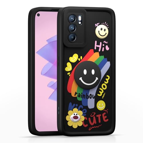 Image of Pikkme Back Cover for Oppo Reno 6 5G | Soft Silicone| Cute Rainbow Smile & 3D Cartoon Flower Design | Shockproof Raised Camera Protection Bumper Case (Black)