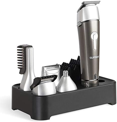 Upgraded SUPRENT Beard Trimmer Kit, 5 in 1 Multi-functional Groomer Kit of Mustache Trimmer, Nose Hair Trimmer and Precision Trimmer, Waterproof and Rechargeable Cordless (Gray)