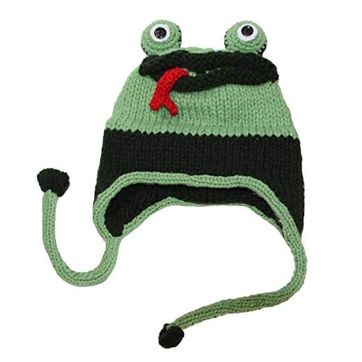 Funny Frog Earmuffs Knitted Hats Warm Winter Crochet Green Beanie Animal Handmade Halloween Earflap Caps for Kids (Green,for Adults)