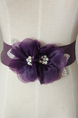 Leimandy Crystals And Two Organza Flowers With Special Design Pearls Wedding Sashs Dress Belts A19A (Grape) #TOP2
