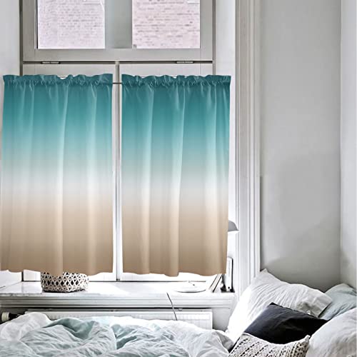 Window Curtains 45 Inch Length For Living Room, Teal Beige Ombre Cream Rod Pocket Kitchen Curtain, Modern Turquoise Abstract Art Aesthetics Window Curtain Panels Drapes 42" W X 45" L 2 Panels #TOP3