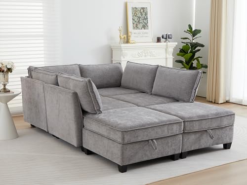 Image of ORRD Sleeper Modular Sectional Sofa Set, Convertible Couch Bed with Storage, 6 Seater and 4 Armrestes Sofa Modular for Living Room, Office (Grey)