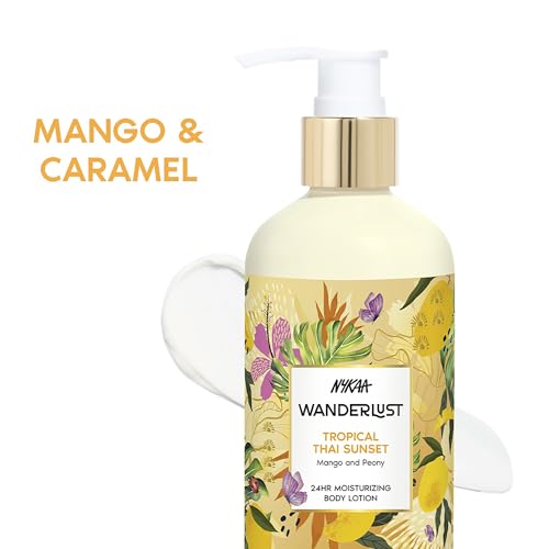 Image of Nykaa Wanderlust Tropical Sunset Moisturising Body Lotion, 300 ml | Fruity floral Perfume | Lightweight, Long-Lasting Hydration | Vegan, Paraben-Free I Mango and Peony fragrance notes | Suitable for All Skin Types