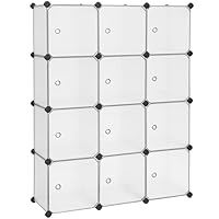 SONGMICS 12-Cube Storage Unit, Shoe Rack, Stackable Cubes, Plastic Closet Cabinet, Wardrobe, with Doors, for Bedroom, Office, Easy to Assemble, White LPC342W01