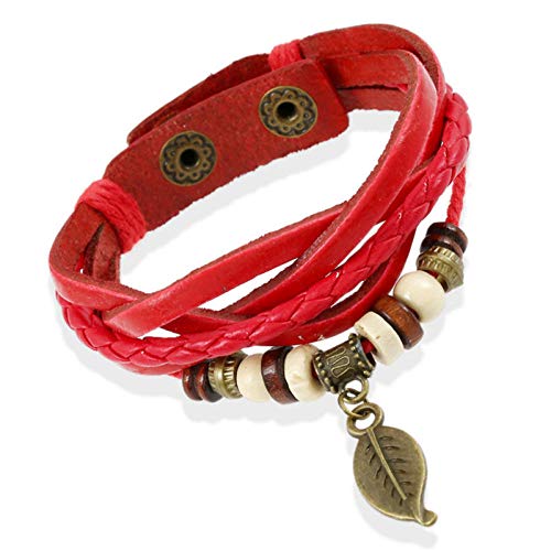 Bracelet en cuir pour femmes fait main style vintage rouge feuilles tressées