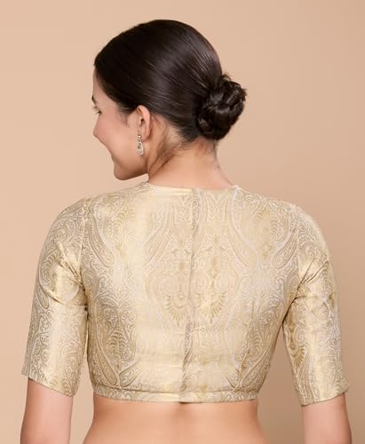 Image of Studio Shringaar Women Brocade Silky Jewel Neck Readymade Elbow Length Sleeve Saree Blouse