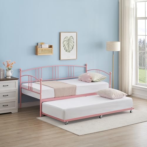 Image of Garvee Twin Daybed with Trundle, Sturdy Metal Day Bed with Arched Headboard and Steel Slat Support, Pullout Trundle with 6 Casters, Sofa Bed for Living Room Bedroom and Guest Room, Pink | Pullout Trundle, Six Smooth Casters, Space-Saving Design, Extra Sleeping Space, Easy Assembly, Pink