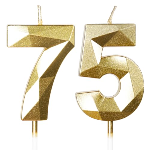 Bougies pour 75e anniversaire, bougie en forme de chiffre 75, bougies dorées, bougie d'anniversaire pour gâteau, bougies d'anniversaire, décorations de gâteau pour fête d'anniversaire, mariage