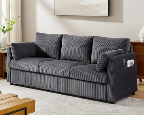 Elevyoliv 3 Seater Couches for Living Room, 79" Modern Corduroy Sofa with 2 Pillows and Storage Pockets, Small Couches for Apartment, Small Spaces, Home Office, Grey