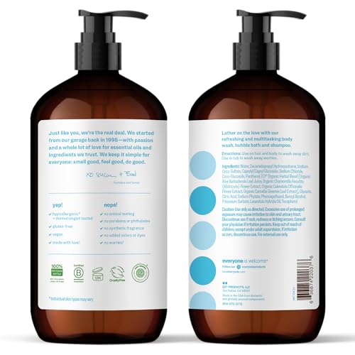 Image of Everyone 3-in-1 Soap, Body Wash, Bubble Bath, Shampoo, 32 Ounce (Pack of 2), Unscented, made for Men and Women | Fragrance-free | sensitive skin safe | shampoo + body wash + bubble bath | plant-based | bulk 2-pack | 64oz total