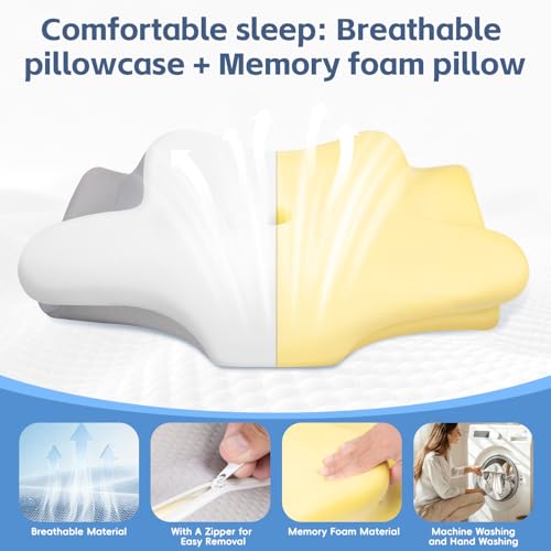 Image of Cervical Neck Pillow, Memory Foam Pillows for Neck and Shoulder Pain Relief, 2 Heights Ergonomic Pillow with Breathable Ice Silk Cover, Neck Support Pillow for Side Sleepers White