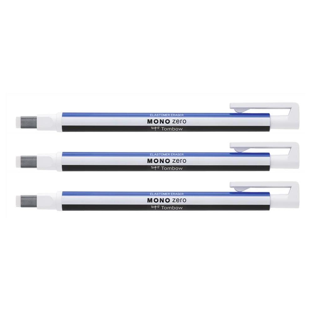 TOMBOW Set of 3 Mono Zero Classic Eraser Pens Rectangular Tip 2.5 x 5 mm White/Blue/Black