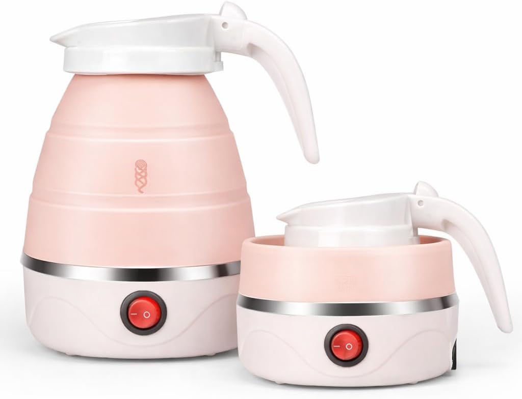 Hair Dipping Kettle for Braids – Pink Collapsible Silicone Electric Kettle 1.2L, Portable Hot Water Boiler for Braiding Hair, Travel, Dorm and Salon Use, 110V Compact Folding Pitcher Style