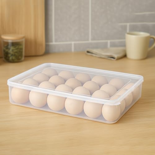 Image of Kuber Industries Plastic Egg Tray for Fridge | 24 Grid Egg Storage Box for Fridge Kitchen & Pantry | Stackable Eggs Dispenser Holder with Lid - White