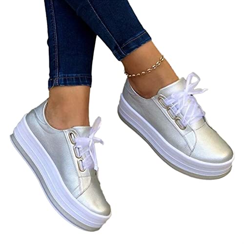 Round Toe Wedges Sneakers for Women's Classic Low Cut Lace Up Platform Walking Dress Shoes Fashion Orthotic Lightweight Breathable Flat Loafers (Color : Silver, Size : 7 US)