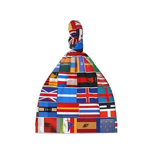 Various Flags Print Newborn Baby Hat, Soft Top Knotted Beanie Cap, Cute Infant Headwear for 0-6 Months Welcome Party Black