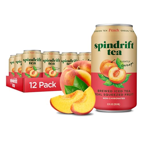 Spindrift Brewed Iced Tea, Peach Green Tea, Made with Real Squeezed Fruit, No Carbonation, 12 Fl Oz Cans, Pack of 12 (Only 49 Calories per Can)